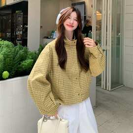 黄色美式复古格子短外套女2026秋季新款休闲慵懒感小个子百搭夹克