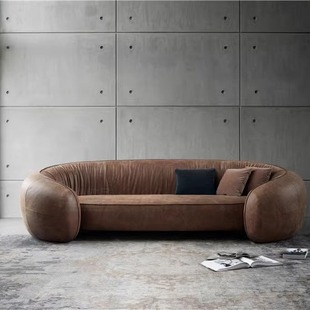Designer's curved multi-person brown leather sofa Italian first layer cowhide soft bag special-shaped furniture