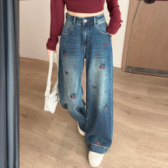 美式樱桃重工刺绣阔腿牛仔裤女2025年秋季新款高腰宽松显瘦垂感拖