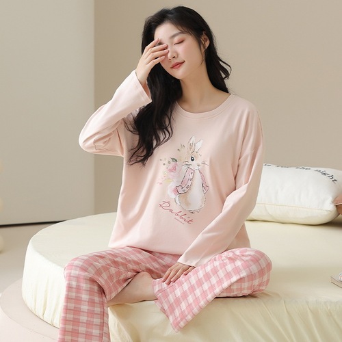 Women's 100% Cotton Pajamas for Autumn: Long-Sleeve, Long-Style Cartoon Design with Chest Pads—Cute, Wearable Home & Outfit Set
