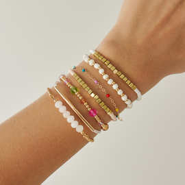 欧美跨境波西米亚不规则串珠米珠手链套装 ins风彩色水晶弹力手饰
