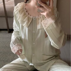 韩国ins女士新韩版甜美小清新宽松透气提花蕾丝娃娃领外穿家居服