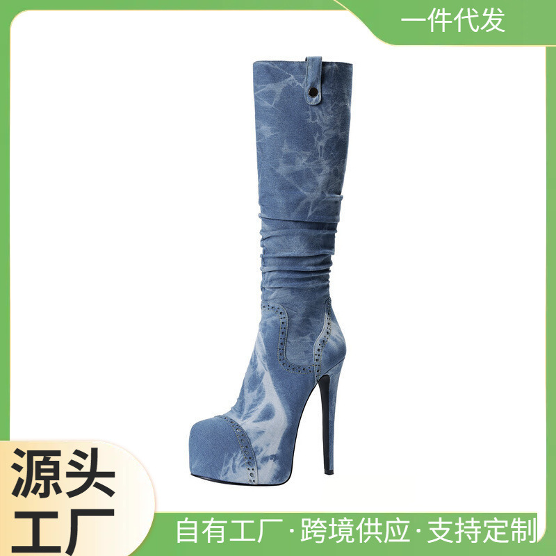 Denim pleated washed fine high-heeled new boots Amazon foreign trade burning flower 2023 waterproof platform adult women