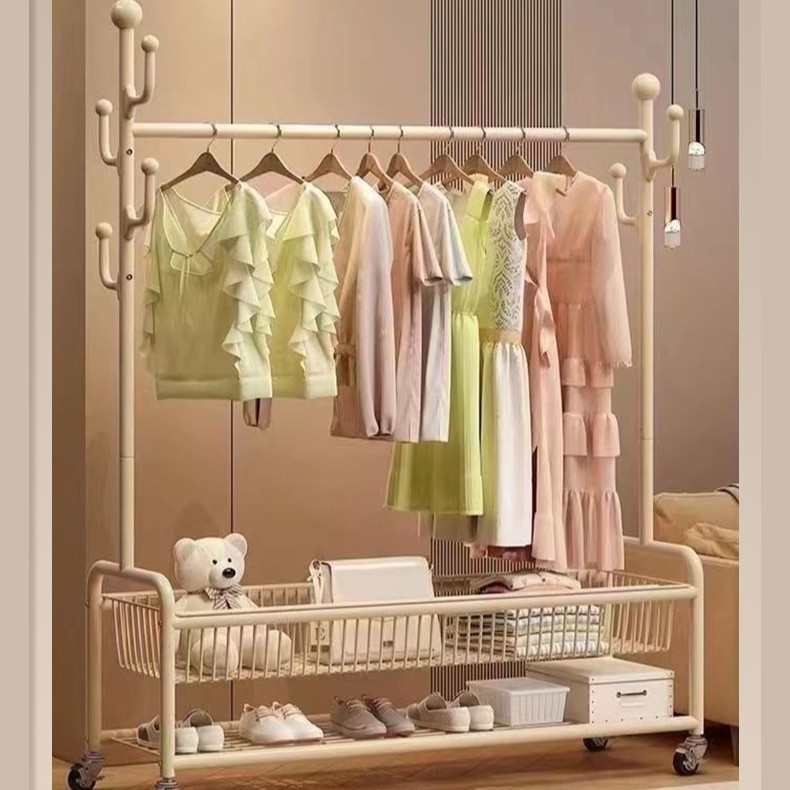 Floor-Standing Household Bedroom Clothes Rack Wardrobe Indoor Light Luxury Mobile Clothes Drying Rack Storage Net Basket Dormitory Coat Rack