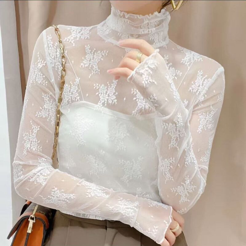 Thin Lace Half-Turtleneck Top for Women, Spring and Autumn 2026 New Style, Ruffled Mesh Base Shirt for Women Thin Lace Half-Turtleneck Top for Women, Spring and Autumn 2026 New Style, Ruffled Mesh Base Shirt for Women