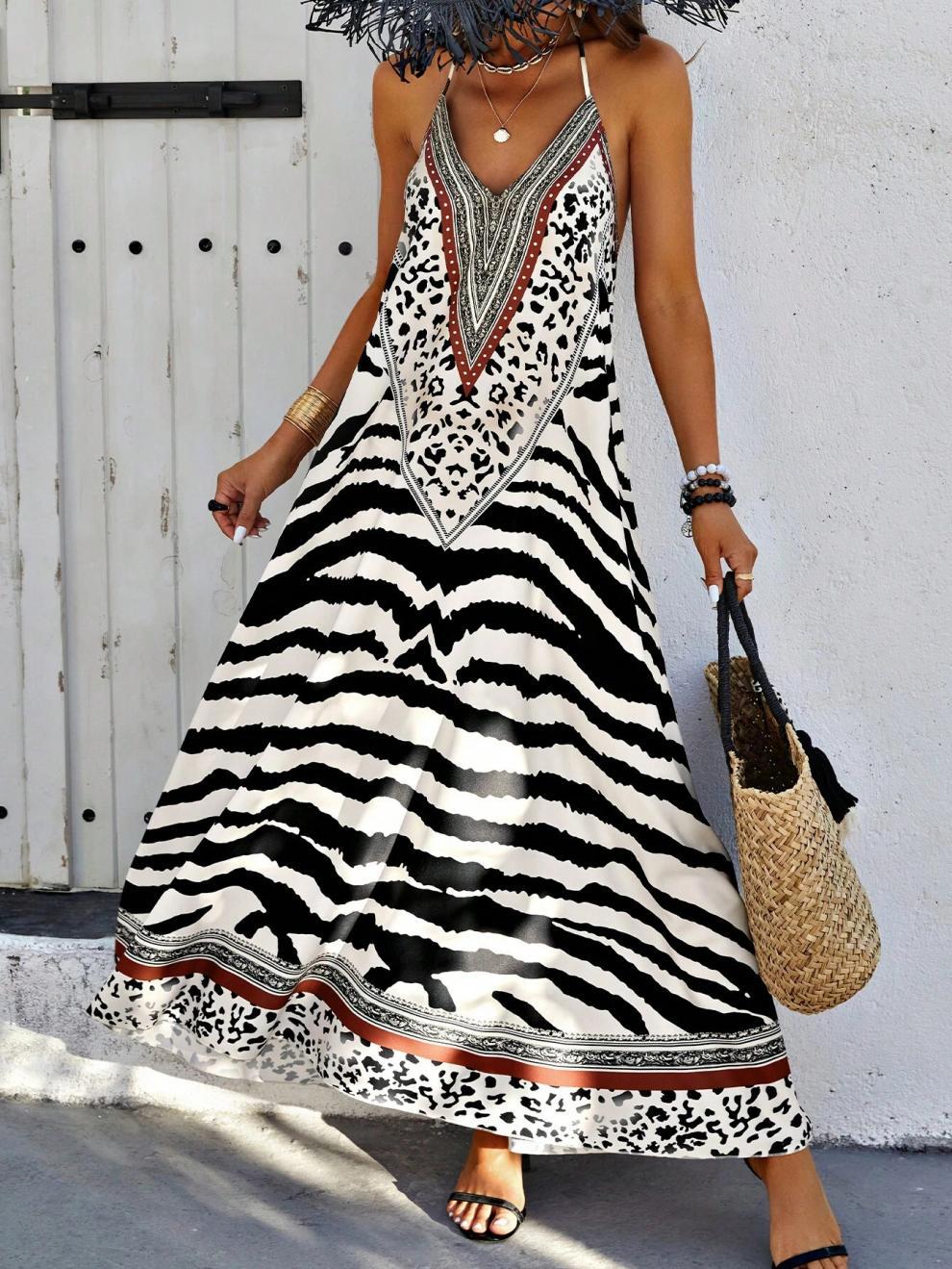 Polyester Fabric Type Wholesale Women's Streetwear Zebra Holiday Halter Neck Sleeveless Strap Dress