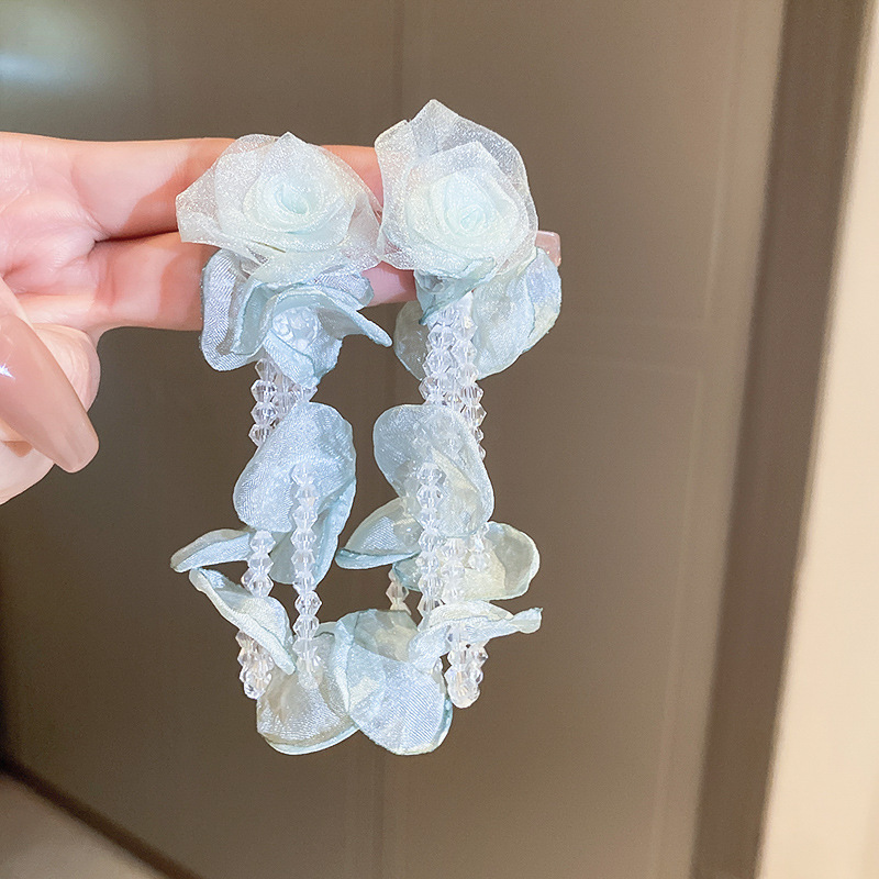 Pendientes de borla de cuentas de arroz de flor de gasa de aguja de plata Pendientes de todo fósforo de estilo de vacaciones Pendientes frescos y dulces para mujer