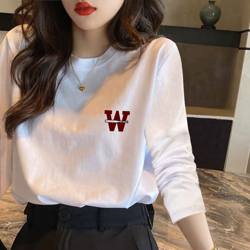 White Cotton Inner Layering Shirt for Women 2025 New Popular Spring & Fall Printed Versatile Long-Sleeved T-Shirt Tops