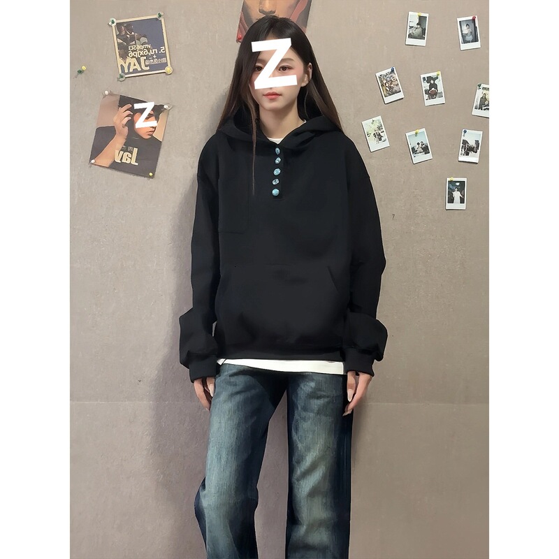 foygob turquoise button-up hooded sweatshirt for men, autumn and winter, fleece-lined, American style, short and wide, heavy and stiff hoodie jacket