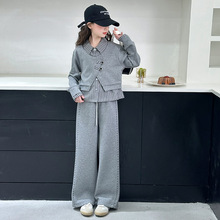 女童条纹拼接假两件上衣阔腿裤套装秋装新款儿童加绒加厚两件套潮