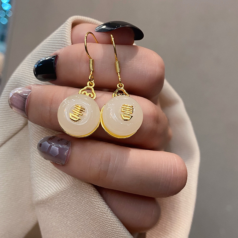 retro chalcedony light inlaid geometric pendant earrings