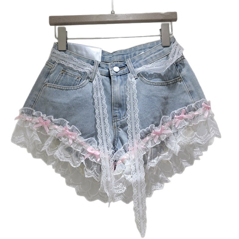 Shorts de Mezclilla con Encaje para Mujer con Lazo Decorativo