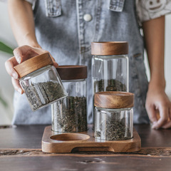 アカシア木ガラス貯蔵タンクセット雑穀茶葉密封缶ガラス缶実木分格収納セット