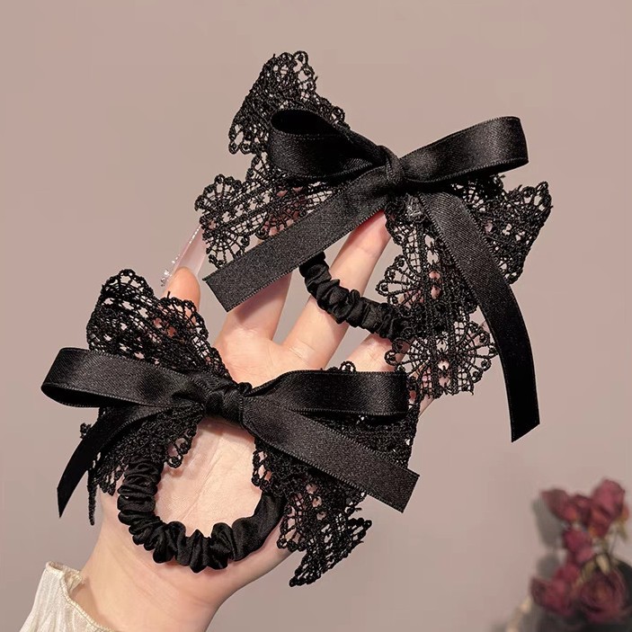 Elegante elastico per capelli con fiocco in pizzo nero_voghion.com