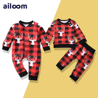 2022圣诞节新款婴幼儿服装 欧美节日格子鹿头男童装ins圣诞童装