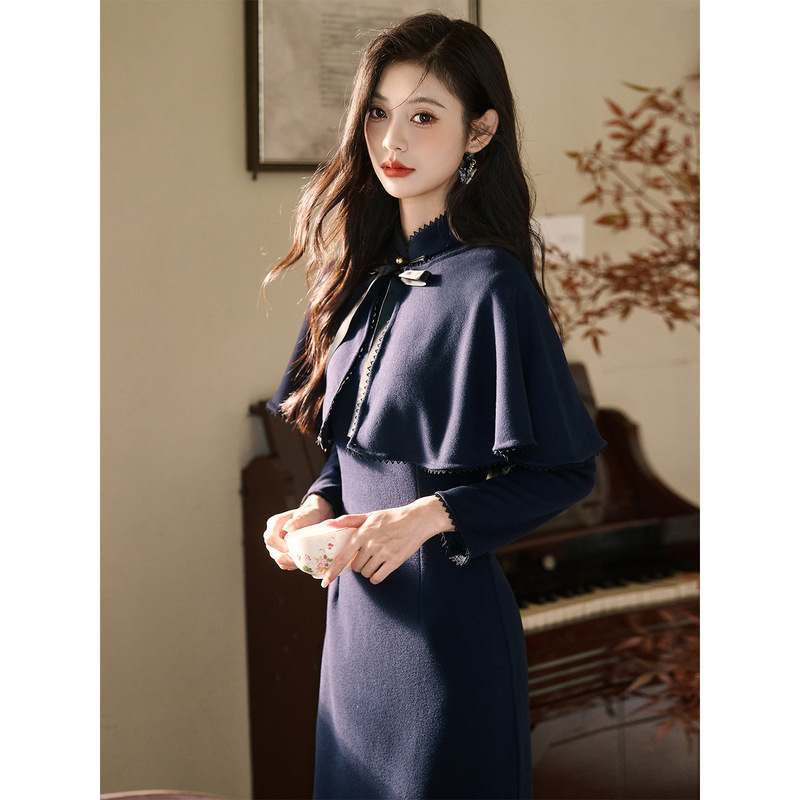 Losbo Retro Cheongsam Shawl Suit Lady Cloak Dress Autum Elegant Lady Young Daily Life