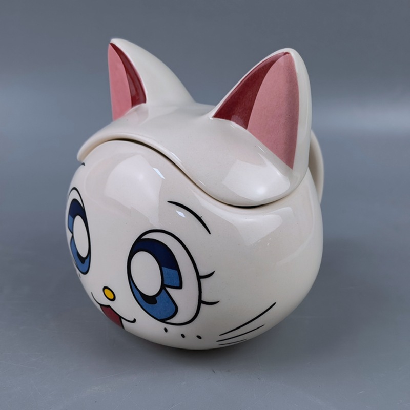 Cute taza de cerámica felina cool estilo japonés con taza de agua con tapa creativa super lindo caricatura felina cool taza de marca