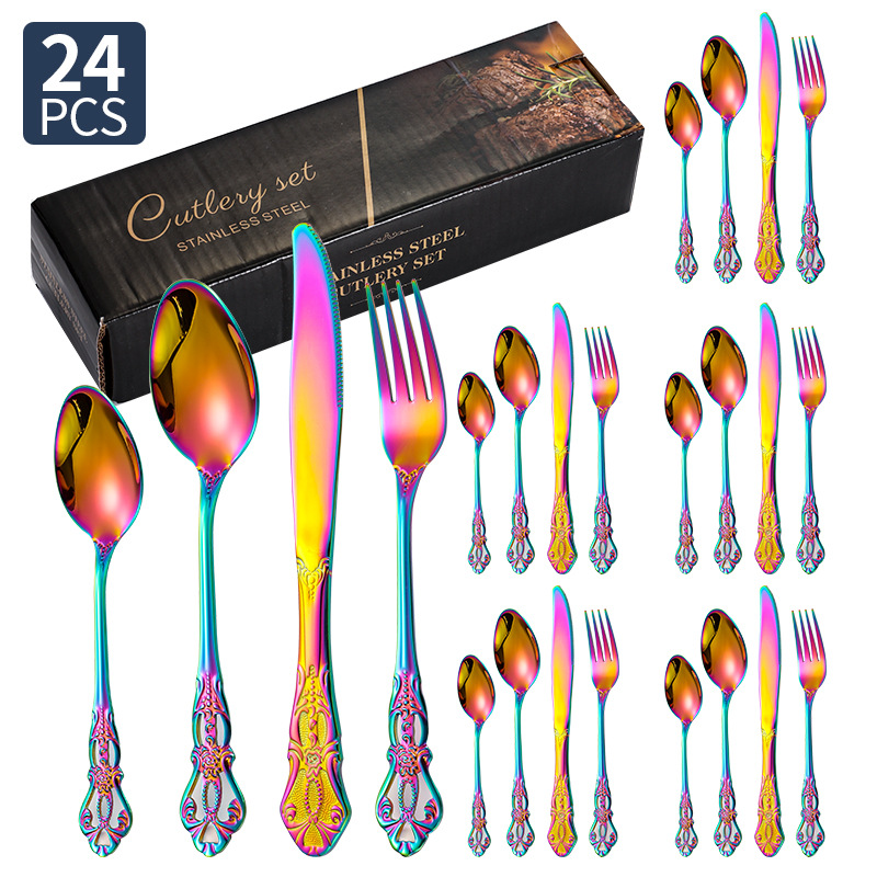 Amazon corte imperial cubiertos de acero inoxidable cuchillo y tenedor cucharas 20 / 24 / 30 piezas conjunto retro relieve cuchillo y tenedor de filete occidental