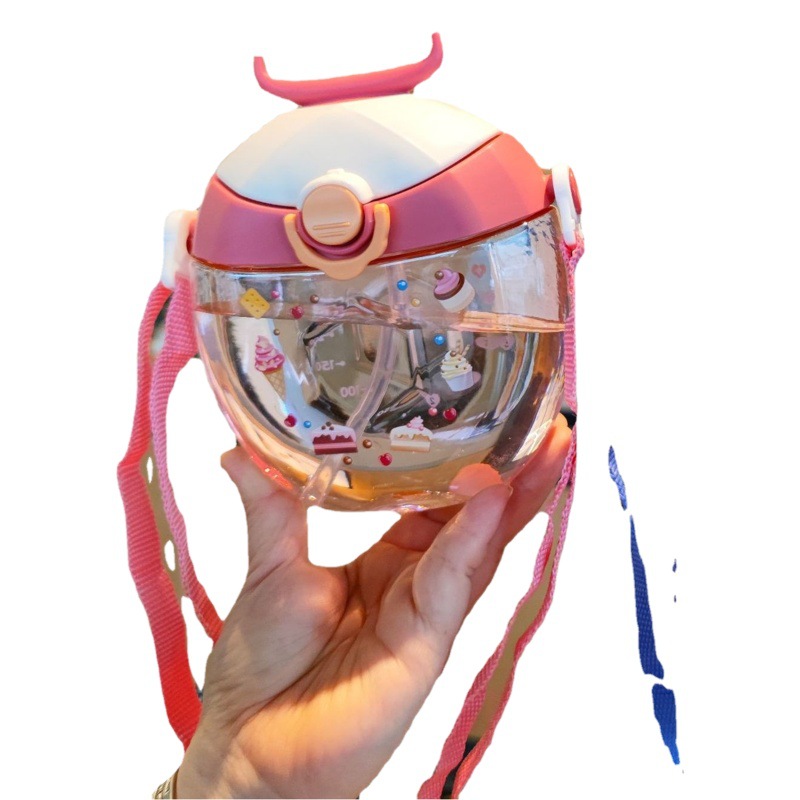 Paja de los niños taza agua crossbody lindo creativo cuerno dibujos animados plástico kindergarten bebé rebote cubierta con cerradura