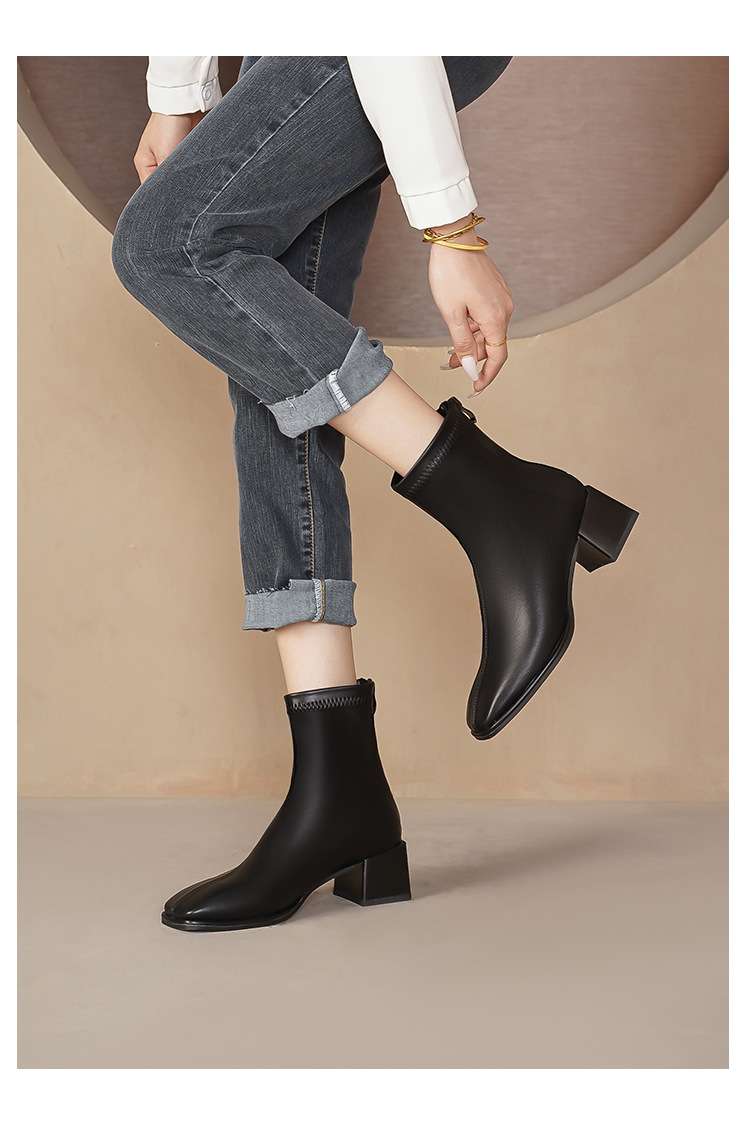 Courtes en cuir véritable pour femmes, nouvelle botte française haute et fine, tête carrée épaisse, printemps et automne 2024_voghion.com