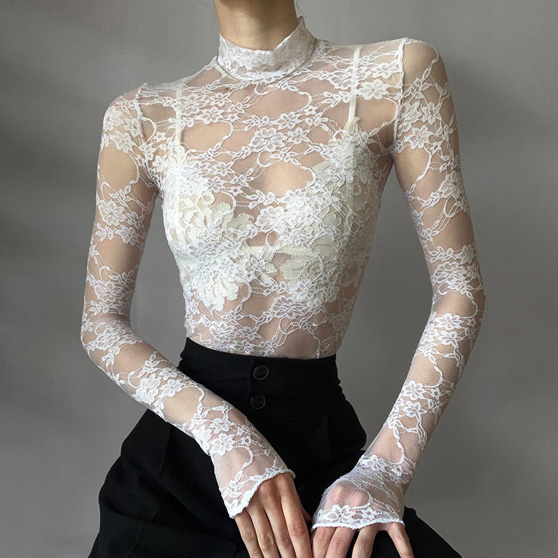 European and American Fashion Sexy See-Through Lace Long-Sleeve Top Summer Sun-Protective Slim-Fit Base Shirt Half-High Collar T-Shirt European and American Fashion Sexy See-Through Lace Long-Sleeve Top Summer Sun-Protective Slim-Fit Base Shirt Half-High Collar T-Shirt