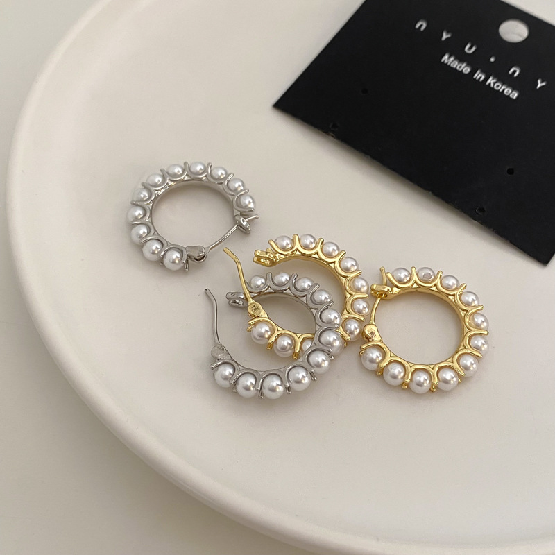Round Pattern 1 Pair Elegant Round Plating Inlay Copper Pearl Hoop Earrings