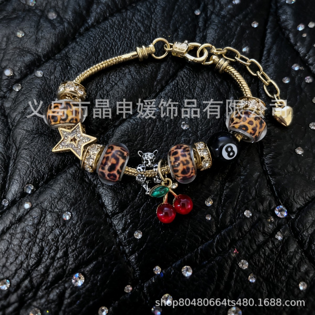Pan Jia pulsera explotadora transfronteriza DIY cuentas pulsera estampado de cereza amor colgante negro ocho joyas de moda hermosas