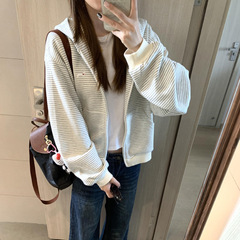 美式复古慵懒风条纹连帽卫衣女春秋2025新款小狗刺绣拉链开衫外套