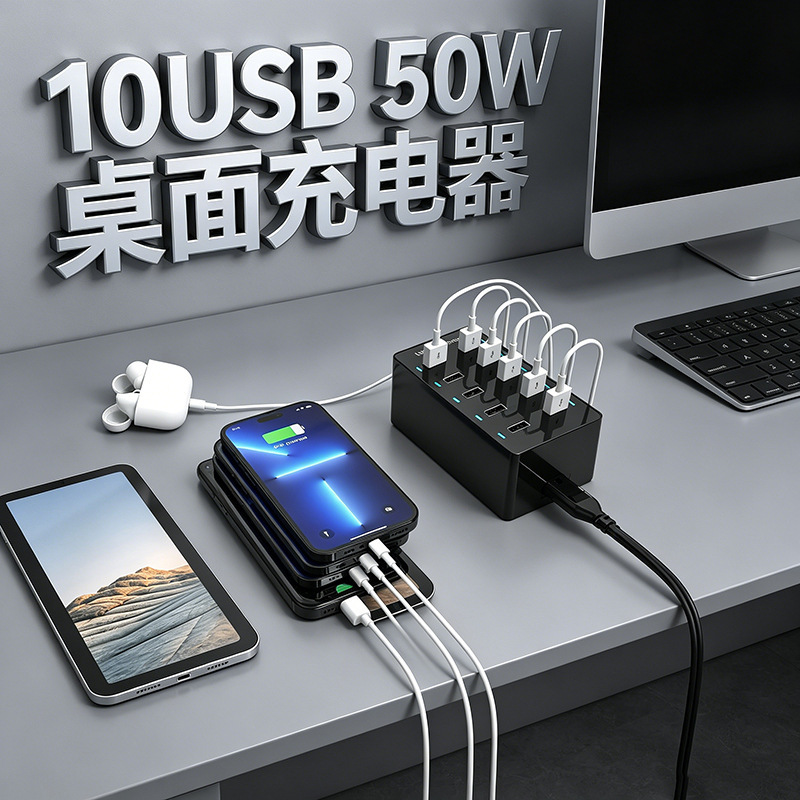 Cross-Border 10-Usb Charger 50W Supports 5V1A2A2.4A Charging for Home, Office, and Live Streaming Multi-Port Charging Station