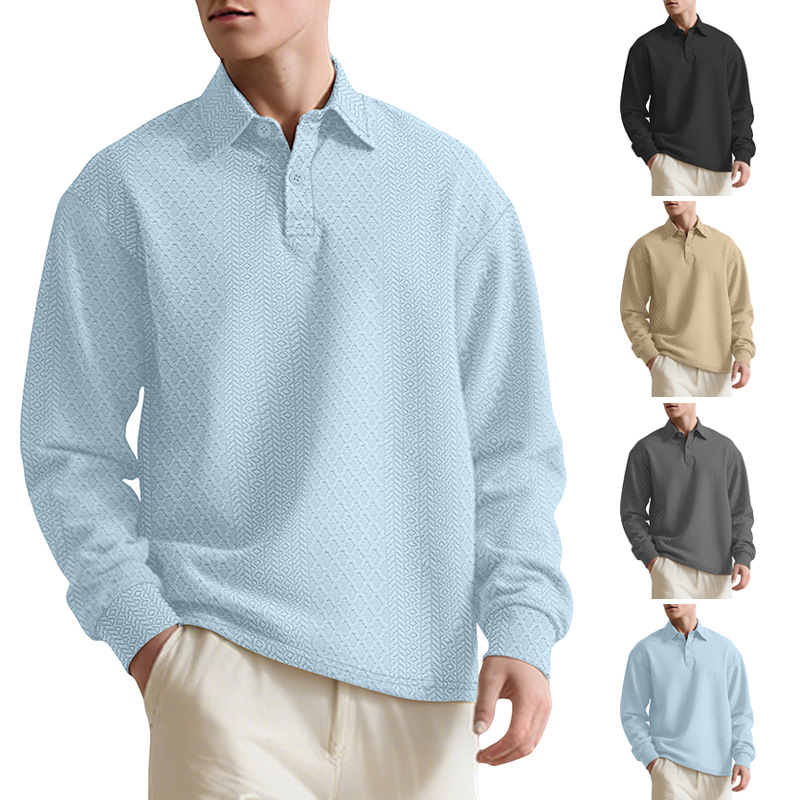 26 Cross-Border European And American Men's Textured Jacquard Solid Color Button New Polo Shirt Turn-Down Collar_voghion.com
