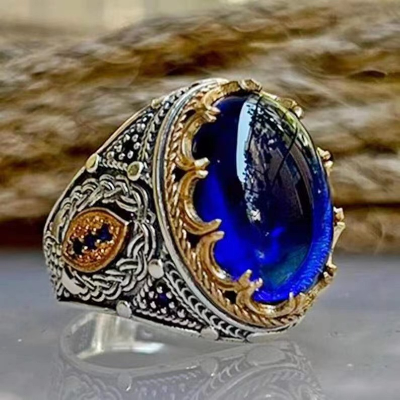 European and American artisans Diamond Blue gem carved ring Amazon retro men's ring advanced