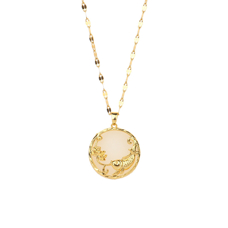 Polishing, Inlay Design Wholesale Jewelry Chinoiserie Classic Style Round Koi Titanium Steel Stone Polishing Inlay Pendant Necklace