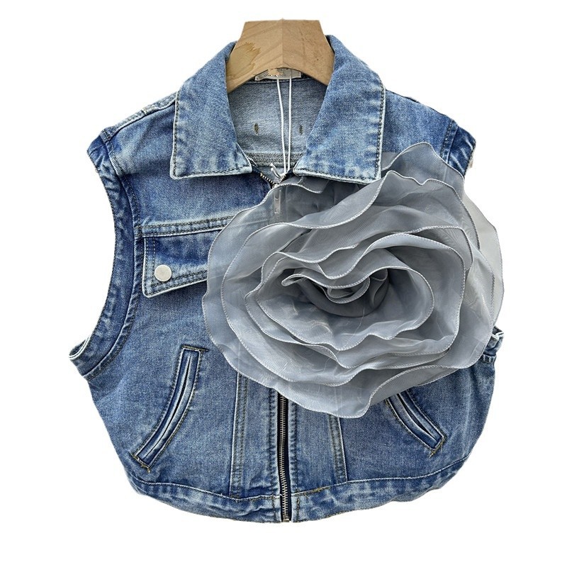 Estación europea de otoño 2024 nuevo nicho de diseño temperamento dulce malla flor empalmado jeans abrazadera chaqueta mujer