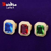 跨境欧美风嘻哈方块彩色锆石戒指时尚个性潮人宝石指环