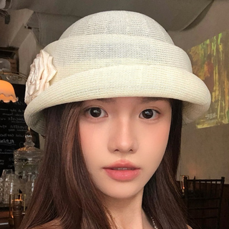 赫本风山茶花卷边贝雷帽女夏季薄款透气礼 帽显脸小帽子画家 帽|undefined