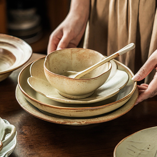 Set of coarse pottery tableware, Cha Xi series bowl and plate set, retro household large bowl and plate set, distressed ceramic dinner plates, wholesale