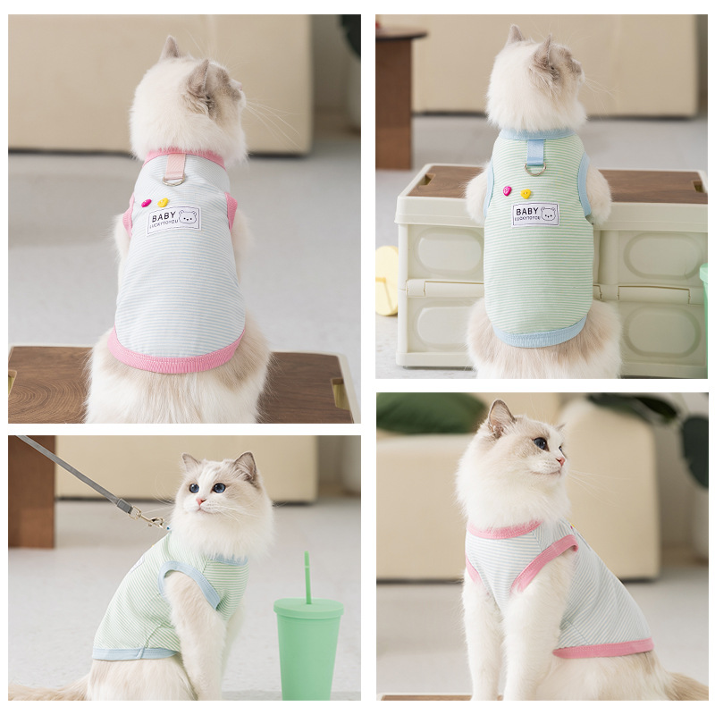 Primavera y verano gatos tejidos de algodón estriados lindos chalecos de botones de amor perros Teddy Bear mascota ropa de gato