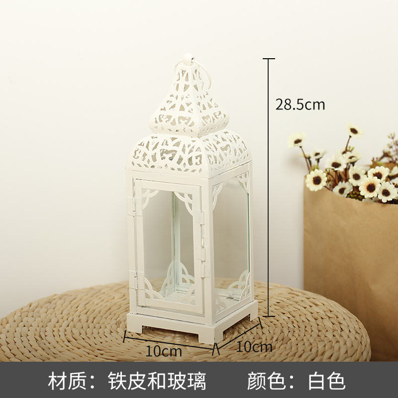 Blanco boda candelabro linterna boda carretera plomo accesorios atmósfera lámpara Marruecos viento lámpara decoración a prueba de viento vela pantalla