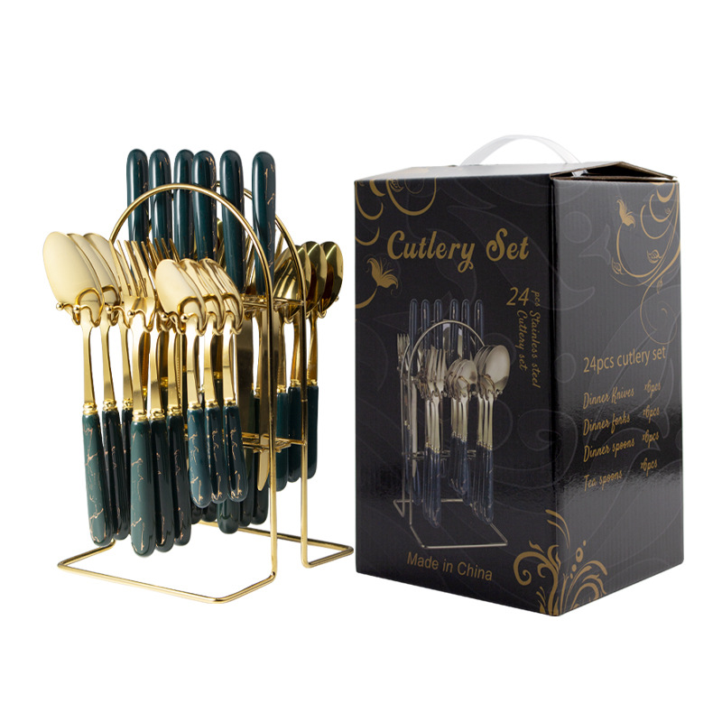 Cuchillo de acero inoxidable transfronterizo, tenedor y cuchara jaspeado cuchillo de carne restaurante del hotel cuchara tenedor mango de cerámica caja de regalo de 24 piezas