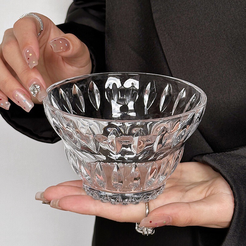 Vintage Designer Dessert Bowl Carved Pattern Ins Style Crystal Glass Bowl Oatmeal Fruit Ice Cream Bowl