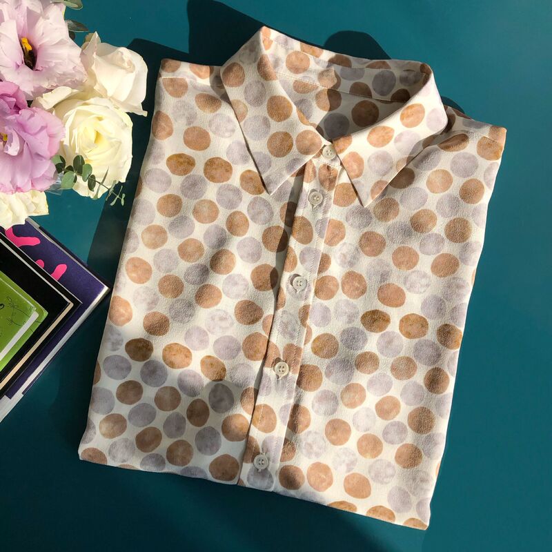 Pebble Print·Fresh and Elegant Milk Brown Sand Washed Silk Casual Long Sleeve Shirt Pebble Print·Fresh and Elegant Milk Brown Sand Washed Silk Casual Long Sleeve Shirt