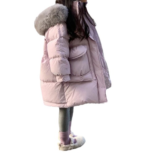 Feminine and stylish faux fur hooded down cotton coat for children, 2024 new thick warm outerwear