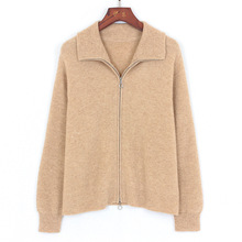 12针元宝针稍厚纯山羊绒宽松毛衣翻领双头拉链领可翻可立针织开衫