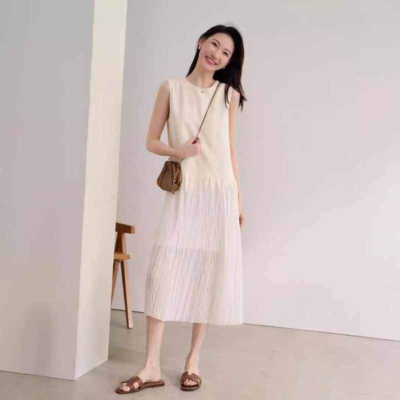 In Stock, Very Beautiful, Ethereal and Airy, Acetate Spliced Mesh Pleated Design Tank Dress