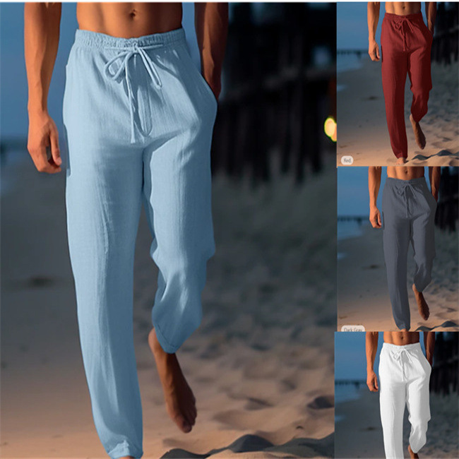Men's Linen Trousers Summer Pants Beach Pants Drawstring Elastic Waist Straight-leg Flat Plaid Breathable Casual Daily