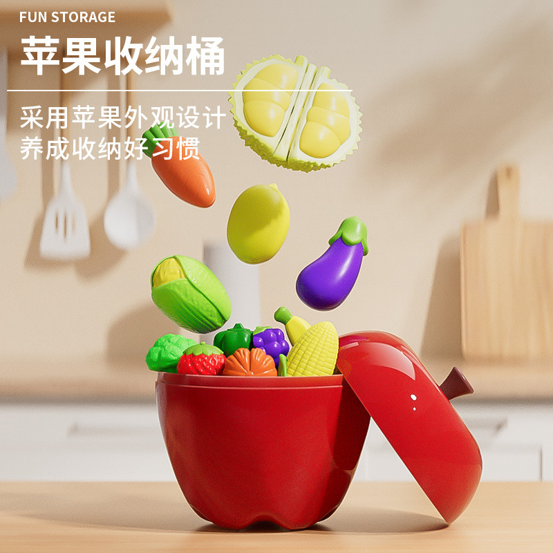 Frutas cortadas y cortadas, cáscaras pelables, juguetes de puzzle para niños, ejercicios cognitivos para bebés, almacenamiento en barril de manzana