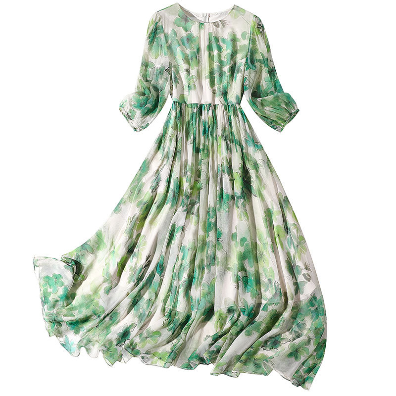 Lady Summer Real Silk Dress New French Long Skirt Silk Green Floral A-Line  Dress | eBay