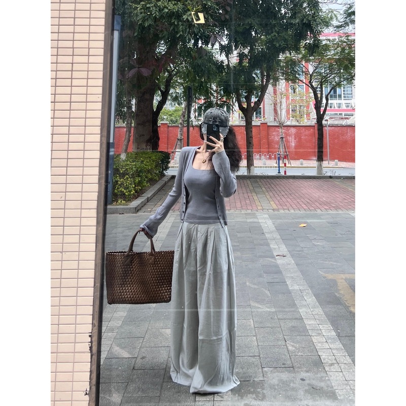 灰色针织吊带外搭开衫两件套女春秋季韩系别致穿搭小个子上衣|undefined