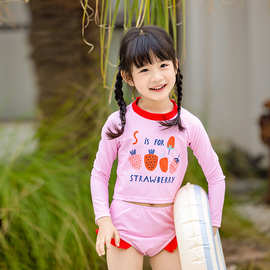 儿童泳衣女童可爱卡通水果防晒长袖中小童女宝分体两件套儿童泳装