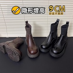 复古圆头内增高瘦瘦女靴秋冬新款小个子真皮厚底短靴小码弹力袜靴
